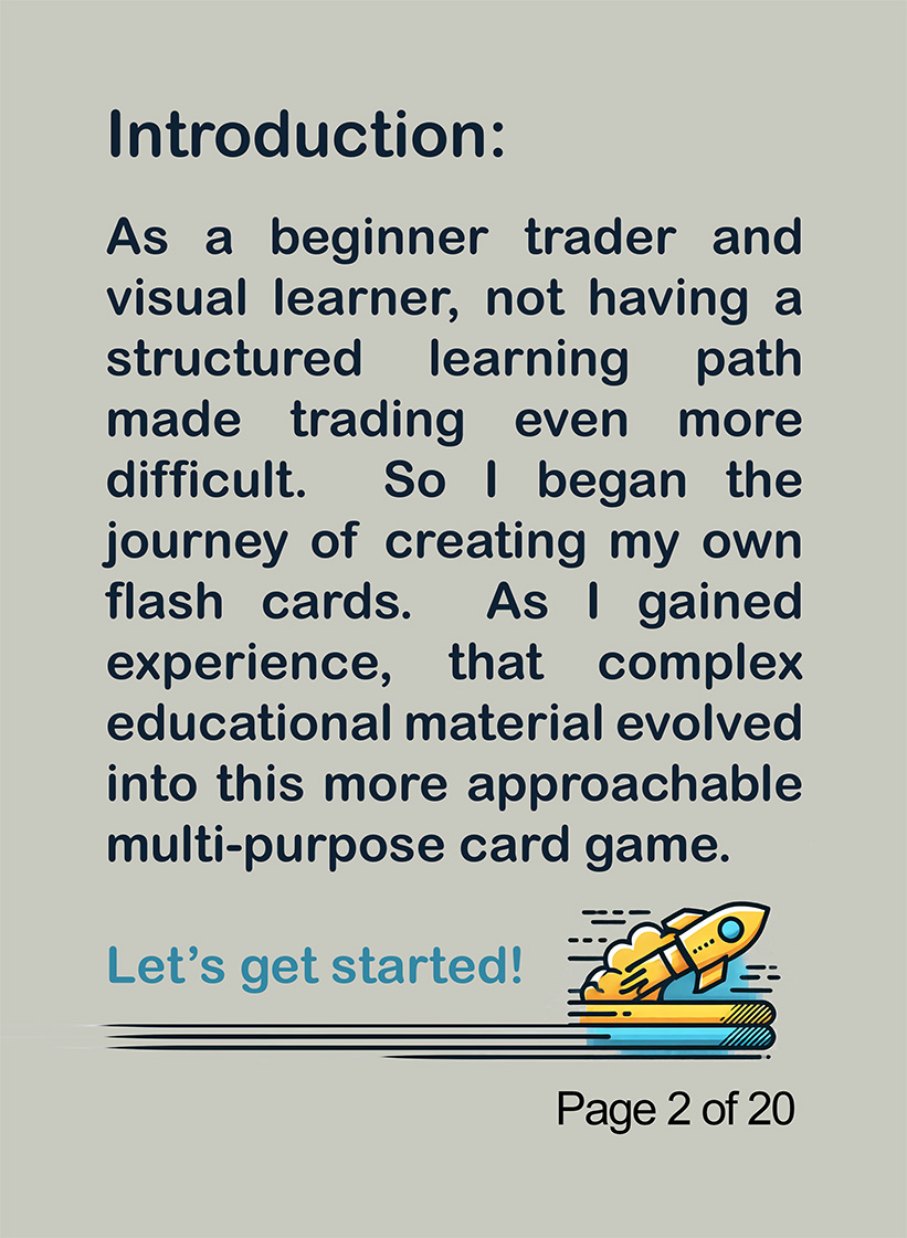 Page 2 of 20. Introduction to Papercuts Trading card game with learning journey and rocket graphic