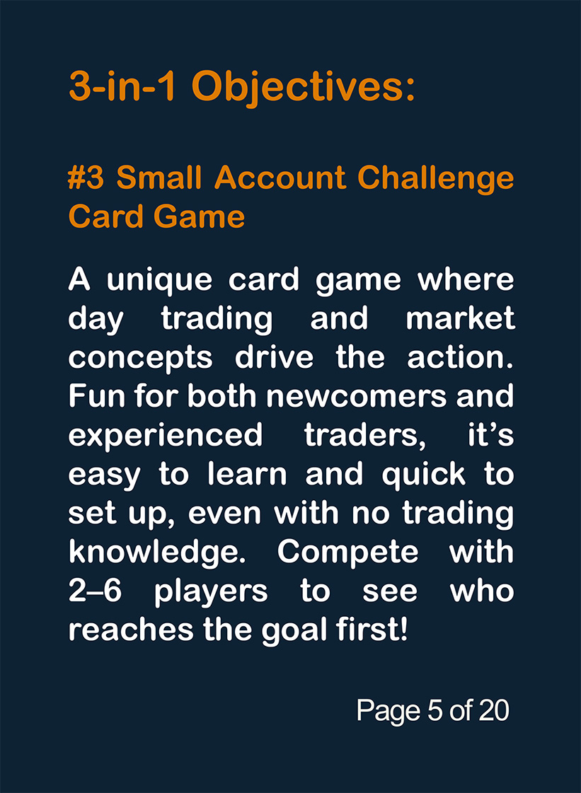 Page 5 of 20. Small Account Challenge card game overview for Papercuts Trading