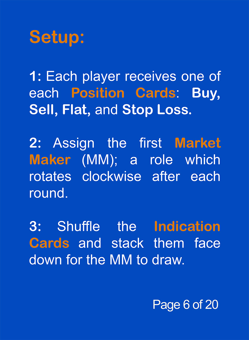 Game setup steps showing position cards, market maker role, and indication deck. Page 6 of 20.