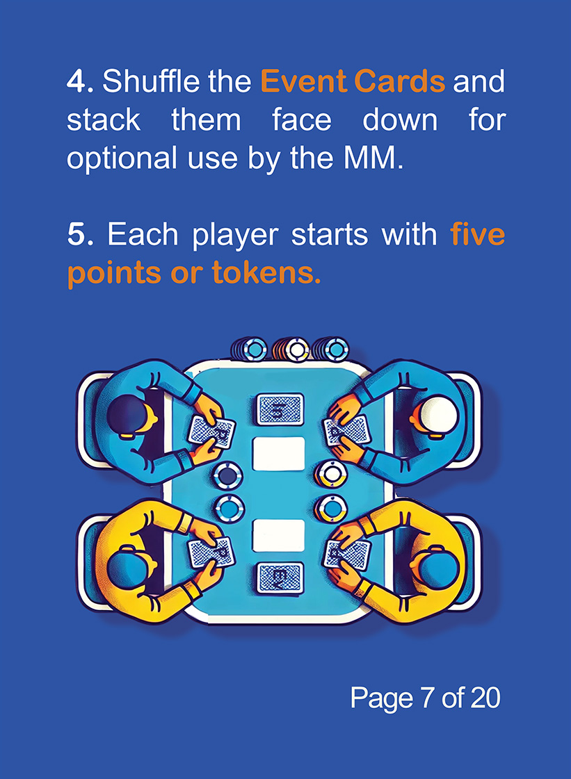 Page 7 of 20. Players seated at table with cards and tokens during Papercuts Trading setup