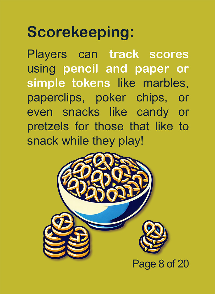 Scorekeeping options with pretzels and tokens for tracking points in Papercuts Trading. Page 8 of 20.
