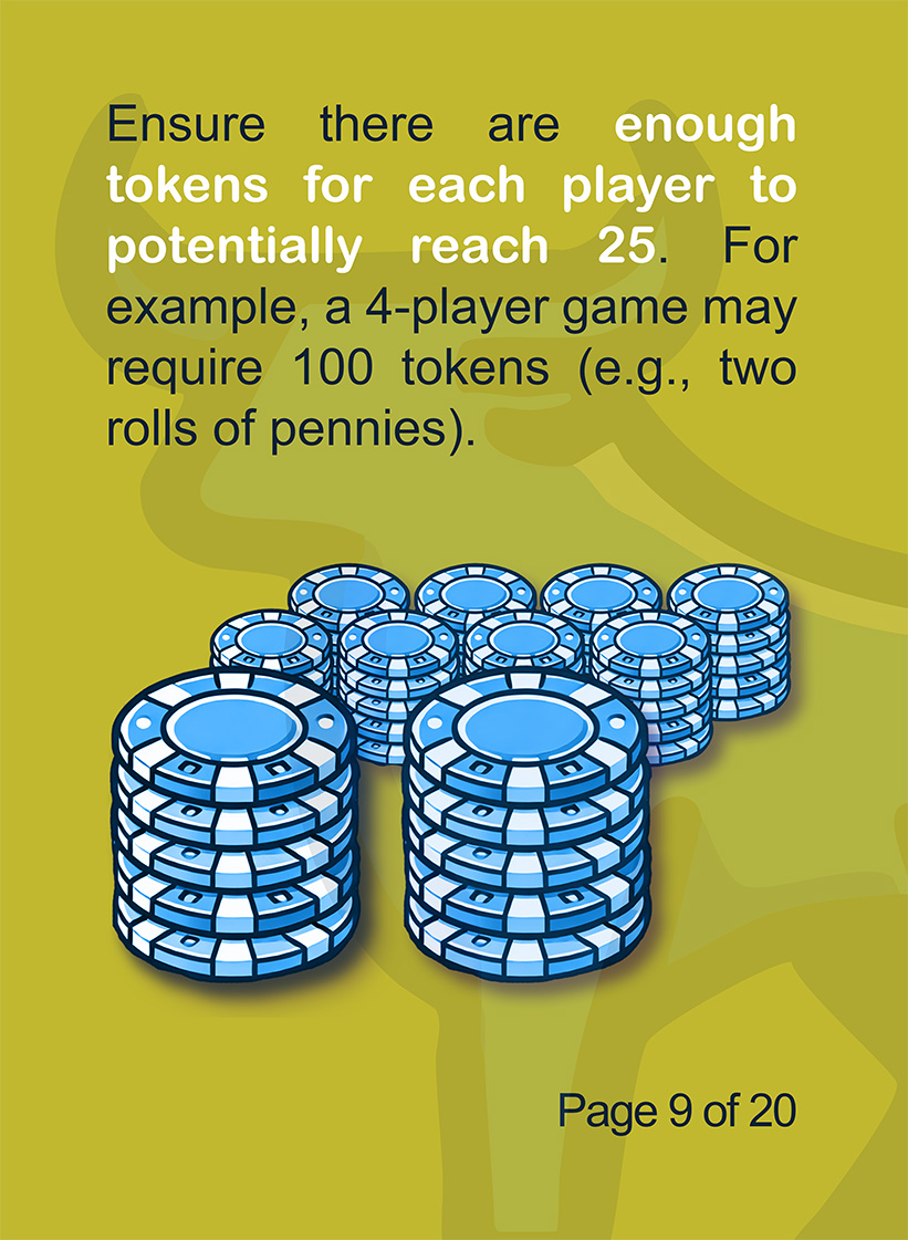 Token setup example showing chip stacks for scoring in Papercuts Trading Page 9 of 20.