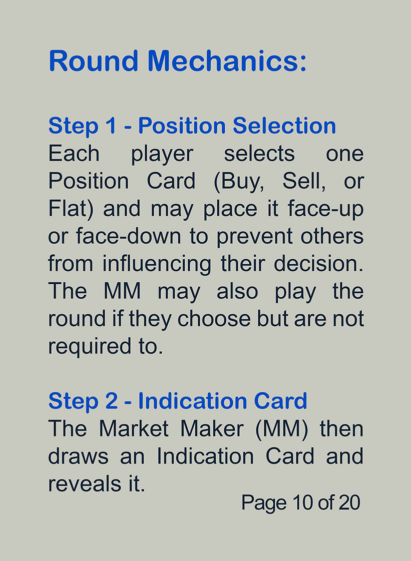 Manual Page 10 of 20. Step1 and 2: Round mechanics showing position selection and indication card reveal steps
