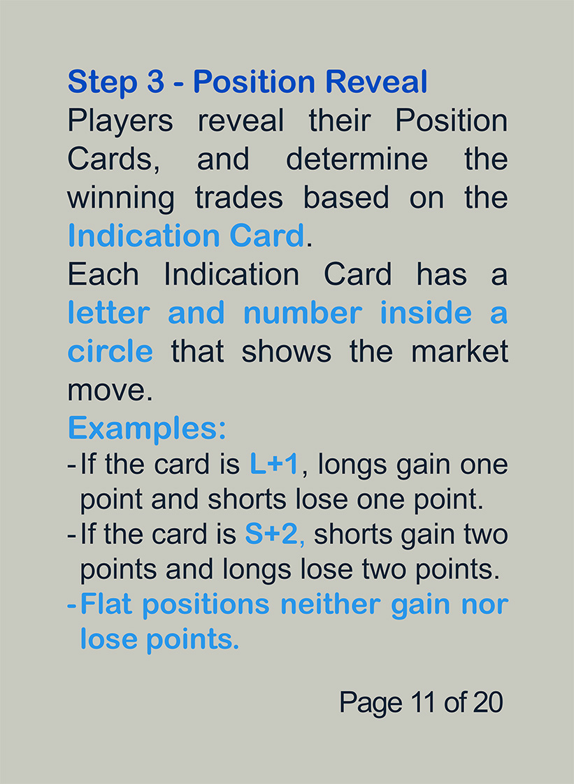 Manual Page 11 of 20. Step3: Position reveal step with indication card determining long and short outcomes