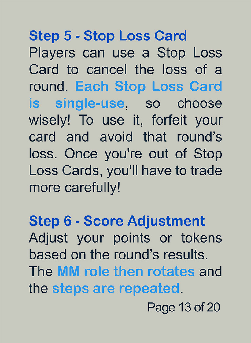 Manual Page 13 of 20. Step 5 and 6: Stop Loss Card rule and score adjustment steps in Papercuts Trading game