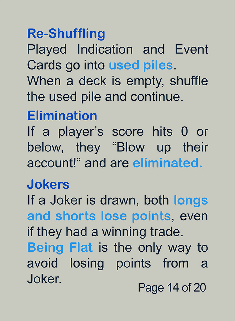 Rules for reshuffling, player elimination, and joker effects in Papercuts Trading. age 14 of 20.