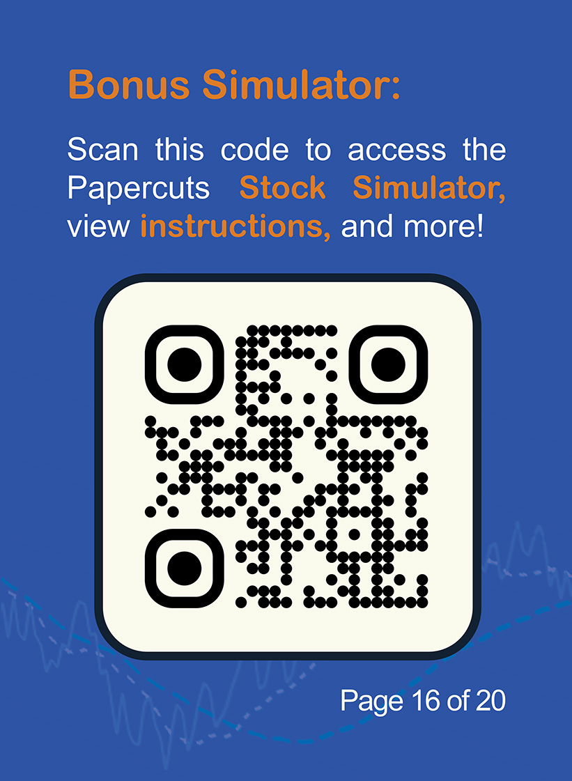 Page 16 of 20. QR code linking to Papercuts Trading stock simulator and instructions